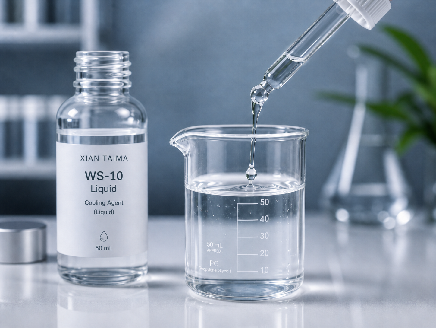 Laboratory photo showing Xian Taima clear Liquid WS-10 Cooling Agent being dripped from a pipette into Propylene Glycol (PG) for cold-process solubility demonstration.