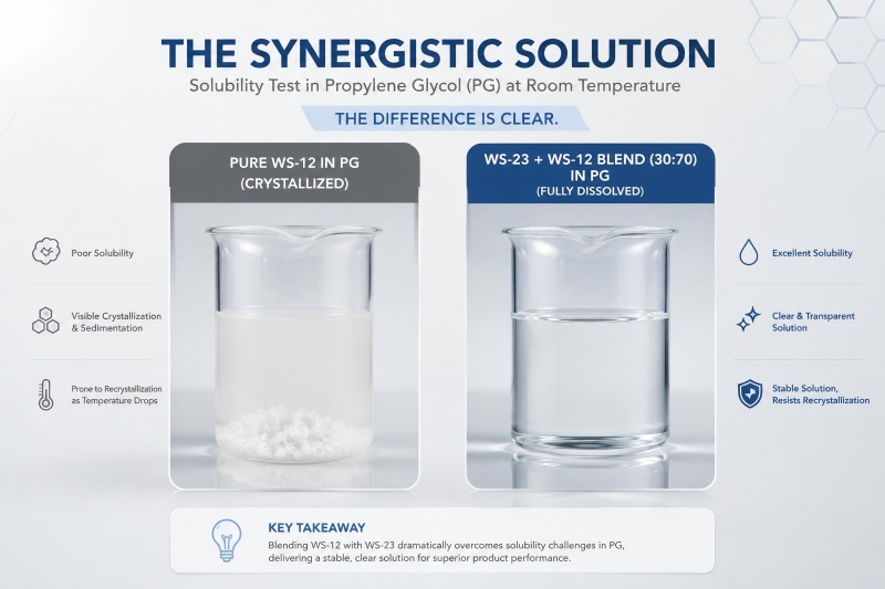 Solubility test comparison showing pure Cooling Agent WS-12 crystallizing in Propylene Glycol versus a clear, fully dissolved WS-23 and WS-12 synergistic blend.