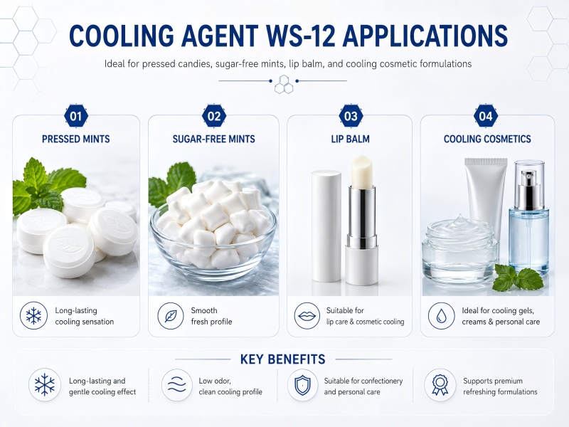 Optimal applications for Cooling Agent WS-12 including pressed mints, sugar-free candies, lip balm, and cooling cosmetics.