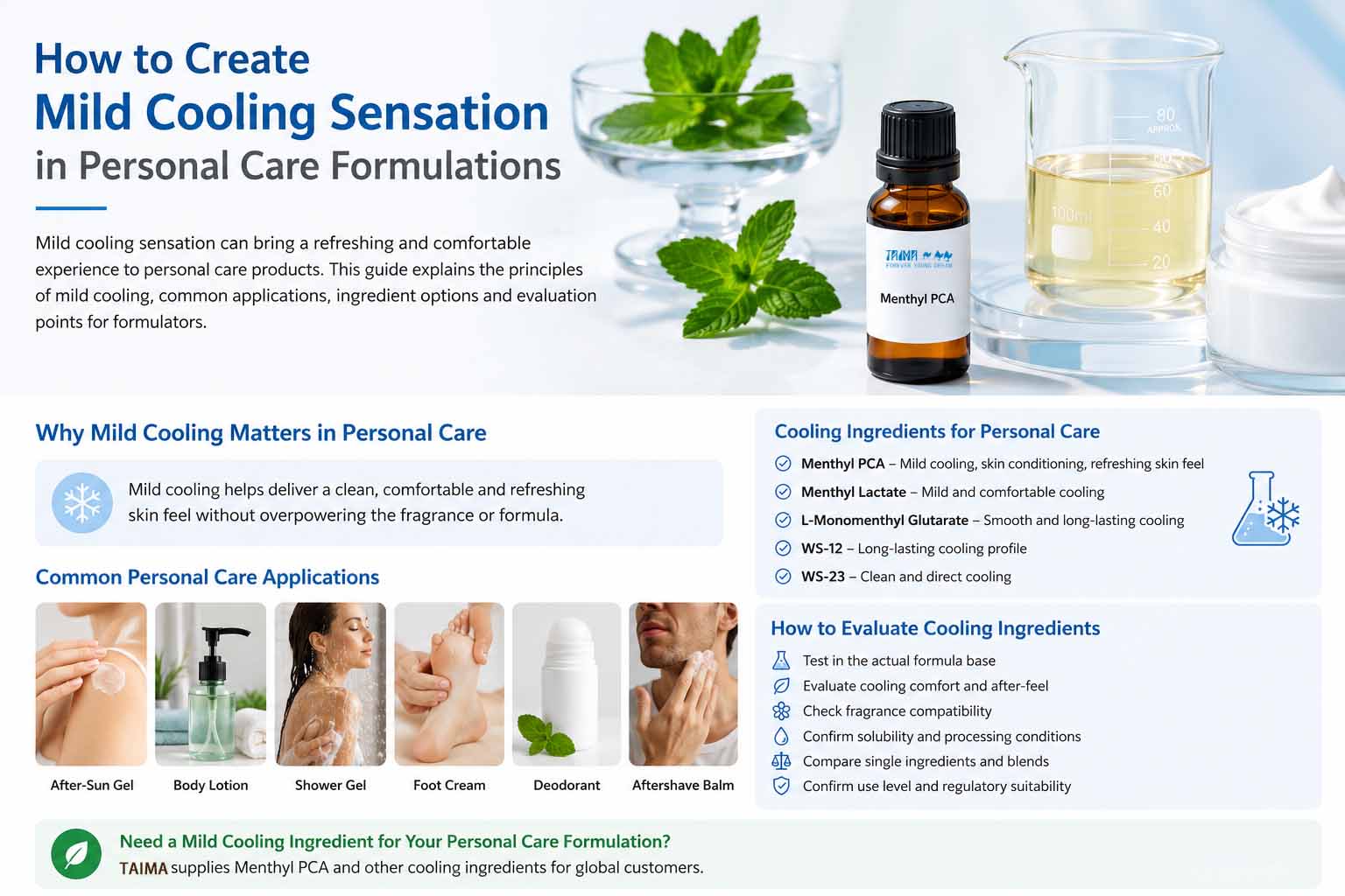 Menthyl PCA cooling ingredient for mild cooling skin conditioning and personal care formulations